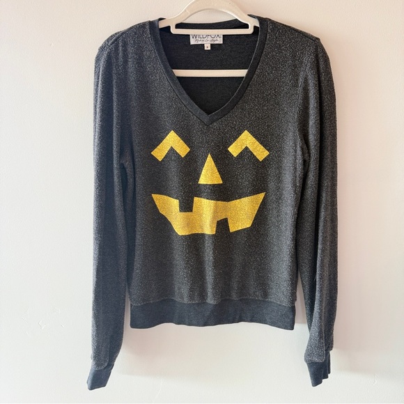 Wildfox Jack-O-Lantern V-Neck Sweatshirt Halloween Pullover Gray Yellow Small - Picture 2 of 7
